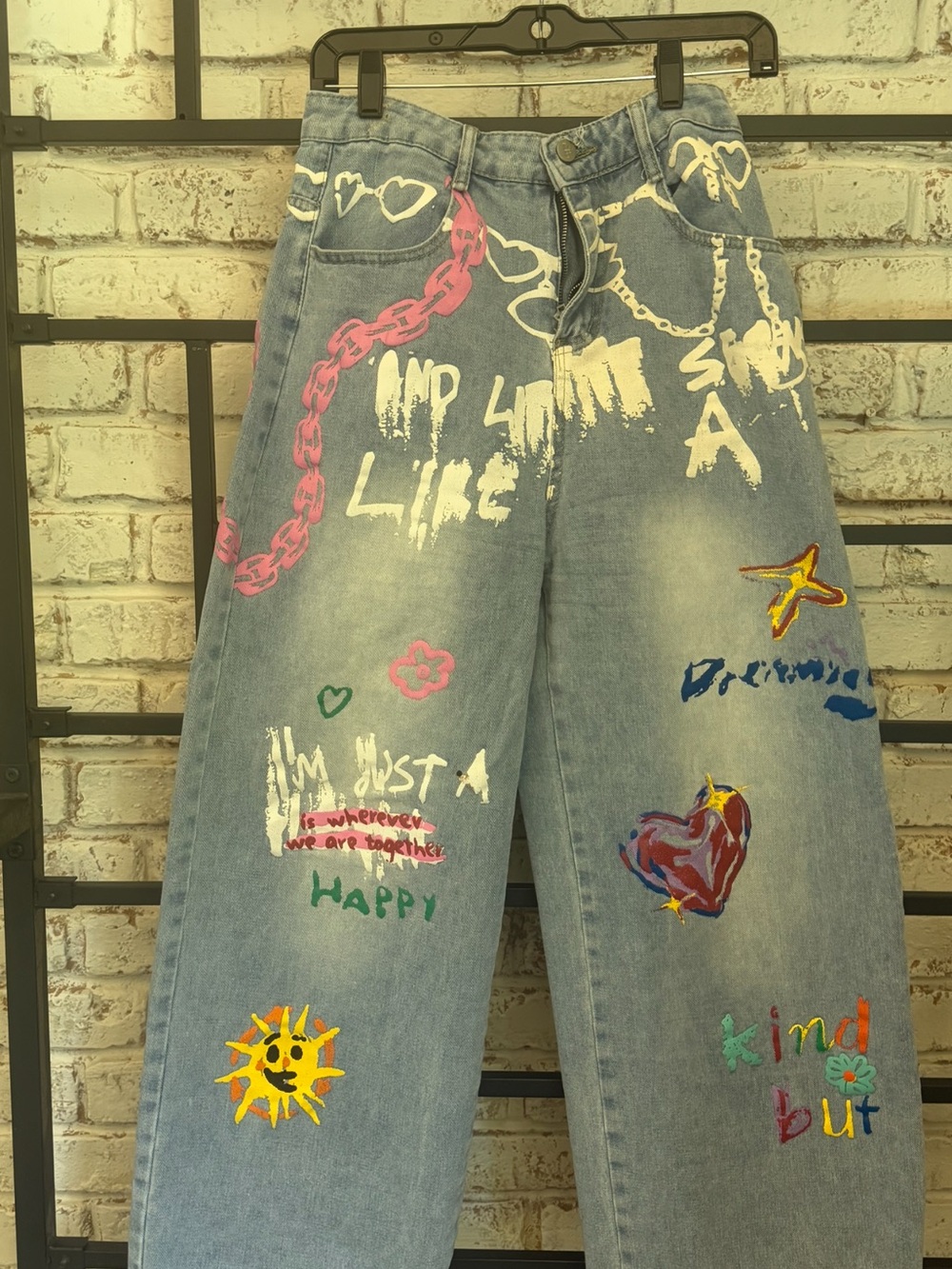 Painted Light Blue Wide-Leg Women’s Jeans with Colorful Graphic Art